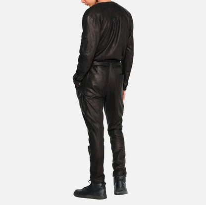 Premium black lambskin cargo jumpsuit by Glory Store US with semi aniline finish