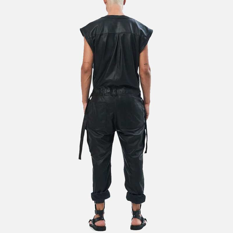 Premium black leather urban jumpsuit by Glory Store US featuring elastic waist and ribbed hem