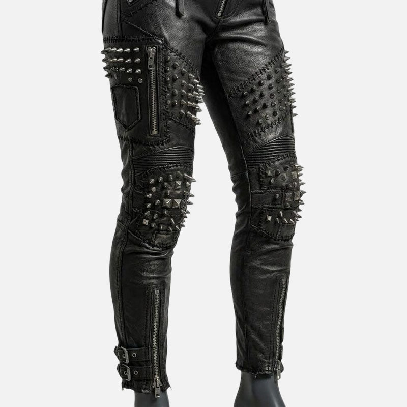 Premium black studded leather pants for women crafted from genuine leather with durable stitching