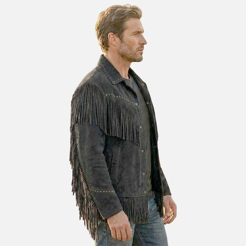 Premium black suede fringe western jacket crafted from genuine suede leather with soft lining