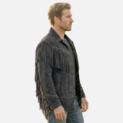 Premium black suede fringe western jacket crafted from genuine suede leather with soft lining