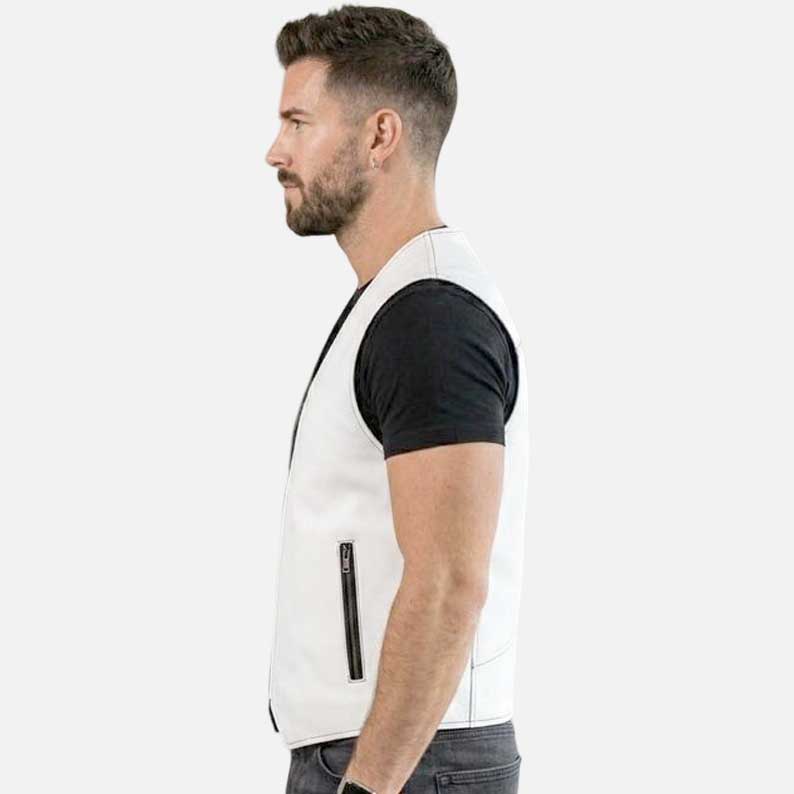 Premium black and white leather biker waistcoat handmade slim fit design