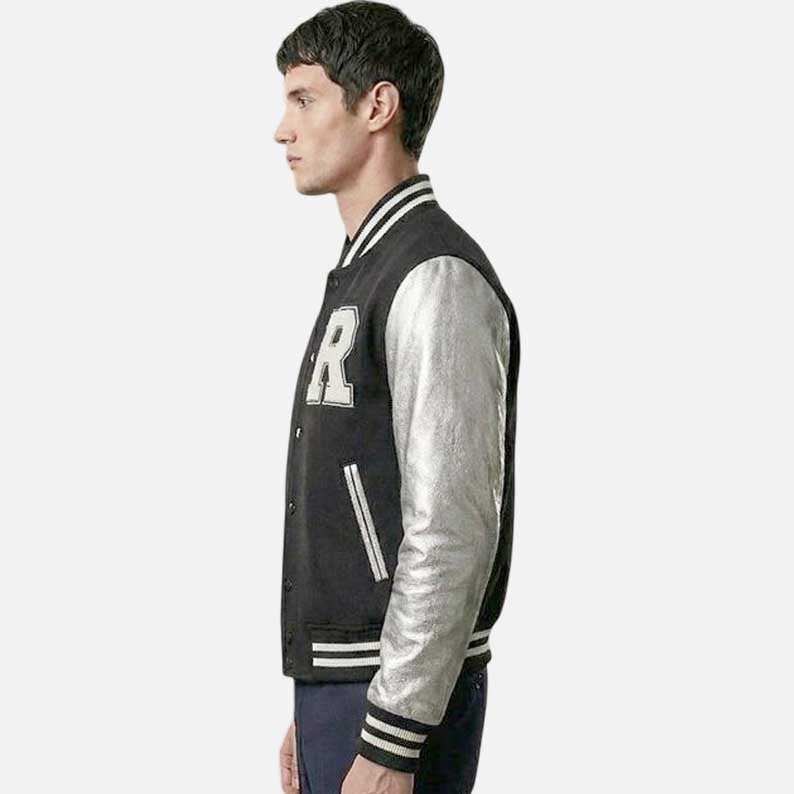 Premium black wool varsity bomber jacket with genuine leather metallic sleeve