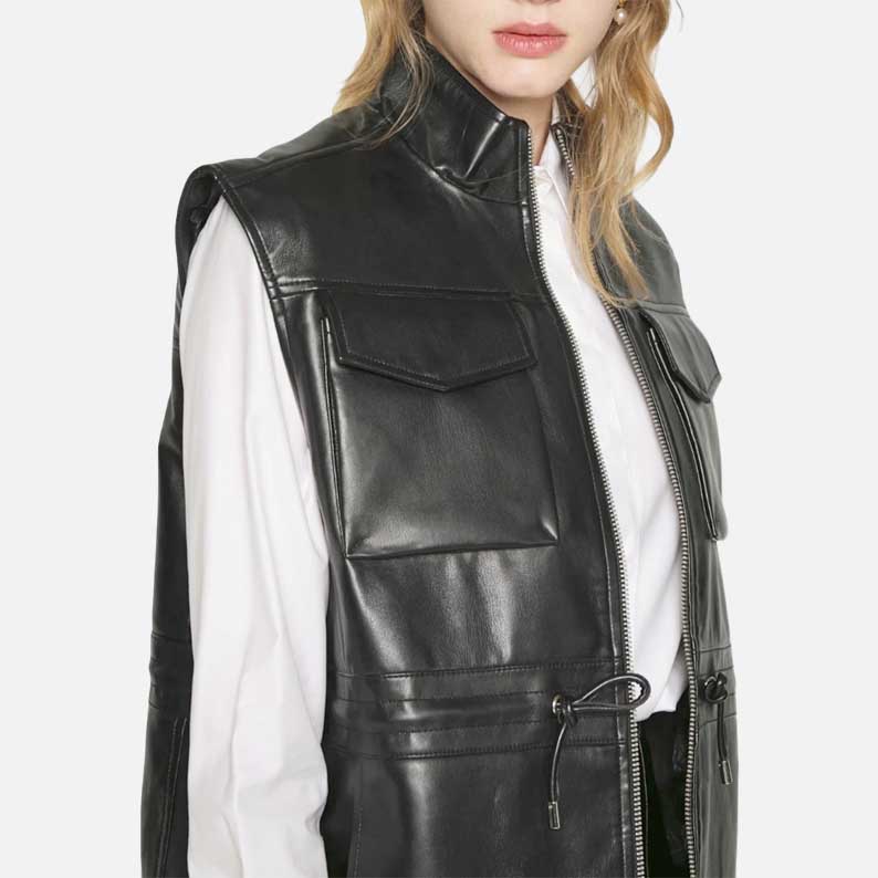 Premium black zipper leather vest women soft satin lining by Glory Store US