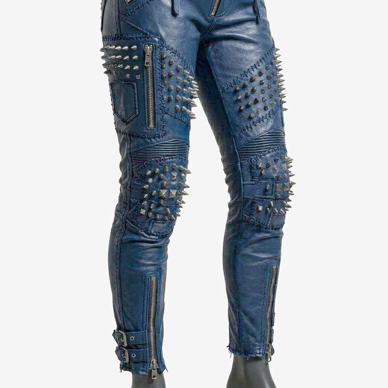 Premium blue studded leather pants for women crafted from genuine leather with durable stitching
