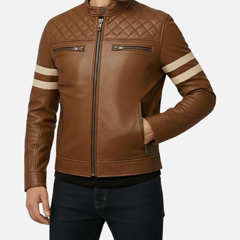 Premium brown leather racing jacket by Glory Store US with zippered chest pockets