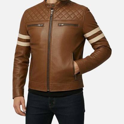 Premium brown leather racing jacket by Glory Store US with zippered chest pockets