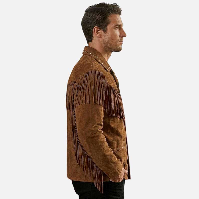 Premium brown suede fringe western jacket crafted from genuine suede leather with soft lining