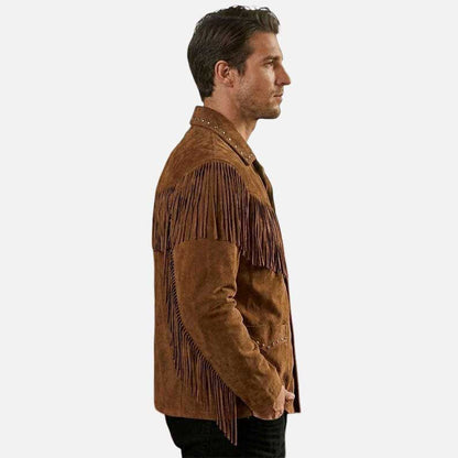 Premium brown suede fringe western jacket crafted from genuine suede leather with soft lining