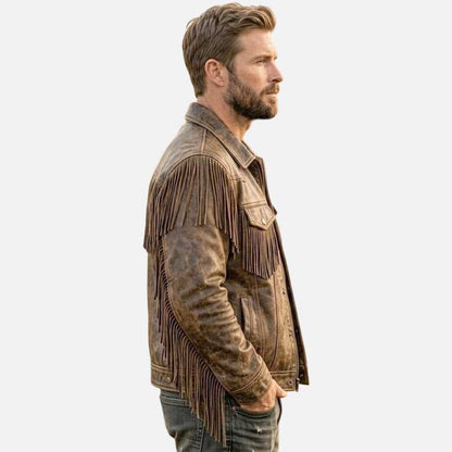 Premium brown Western fringe leather coat by Glory Store US inspired by vintage ranch fashion