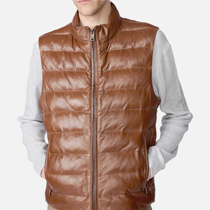 Premium cognac leather puffer vest made from real lambskin buy online USA