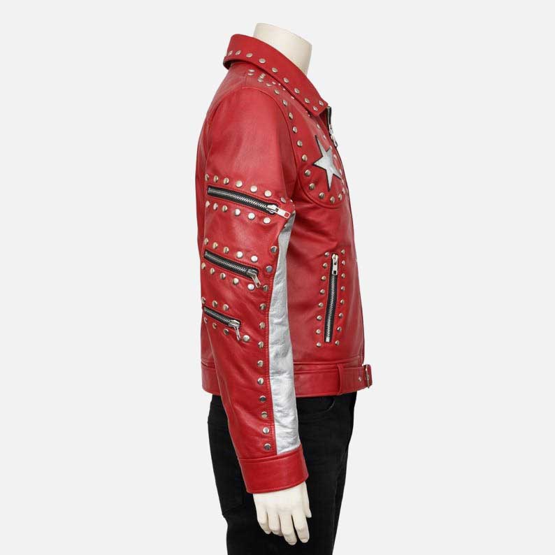 Premium Conan Gray inspired red biker leather jacket with zippered closure by Glory Store US