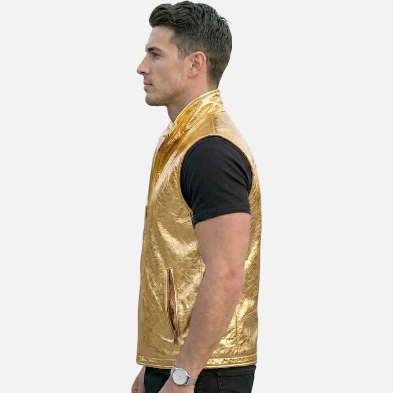 Premium metallic gold leather vest for men handmade statement fashion