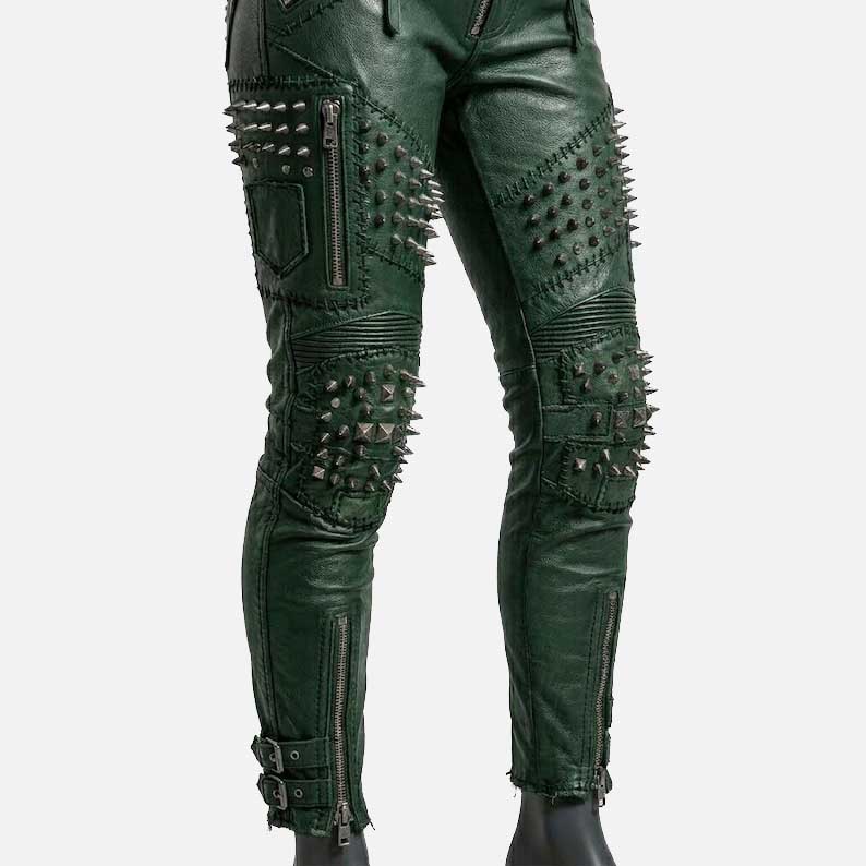 Premium green studded leather pants for women crafted from genuine leather with durable stitching