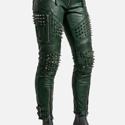 Premium green studded leather pants for women crafted from genuine leather with durable stitching