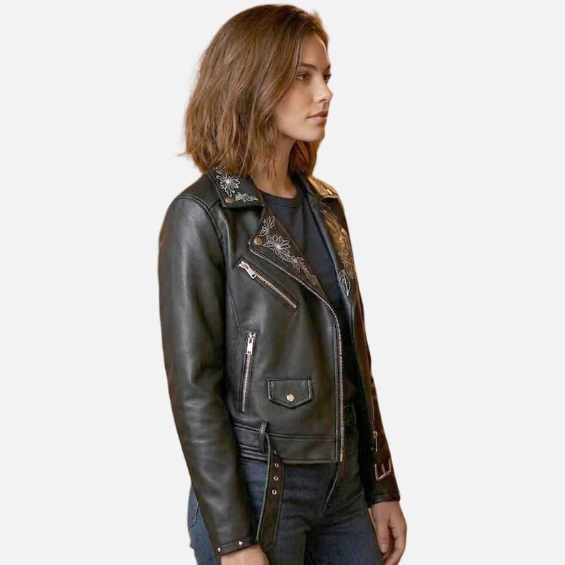 Premium handcrafted silver flower leather jacket by Glory Store US detailed lapel embroidery