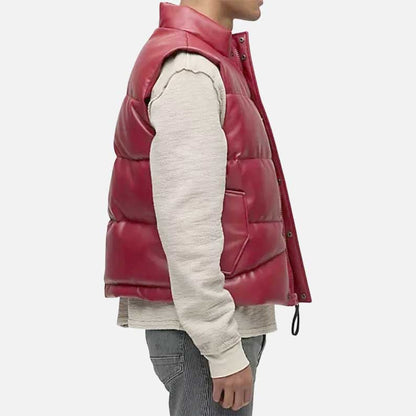 Premium maroon leather puffer vest in real lambskin buy online USA