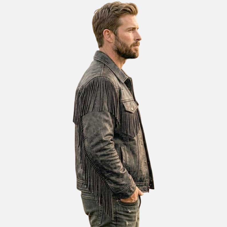 Premium men cowboy fringe leather coat with ranch inspired design by Glory Store US