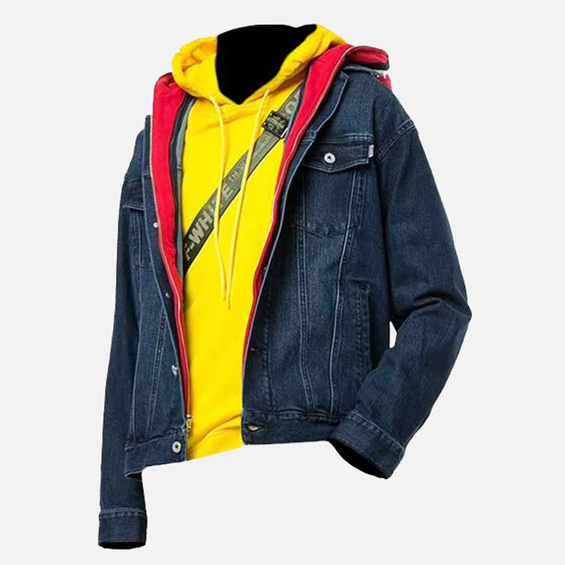 Premium men’s red blue hooded denim jacket with button closure and functional pockets