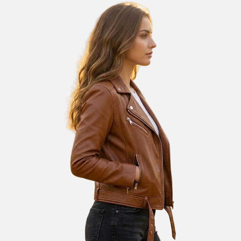 Premium minimalist brown leather jacket by Glory Store US durable stitching and zip closure