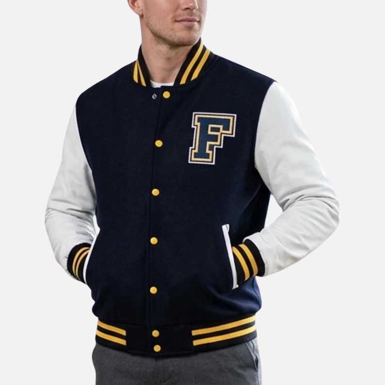 Premium Mike Newton Spartans varsity jacket with ribbed collar and snap tab closure