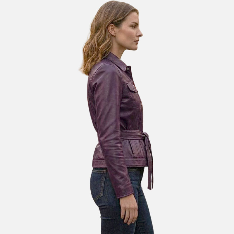 Premium purple leather trucker jacket for women featuring durable stitching and soft inner lining