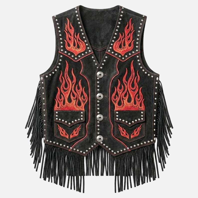 Premium red flame embroidered suede vest by Glory Store US studded western detail