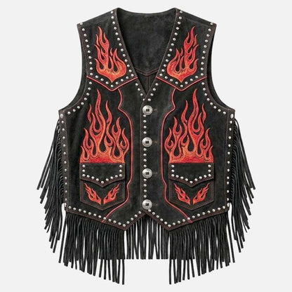 Premium red flame embroidered suede vest by Glory Store US studded western detail