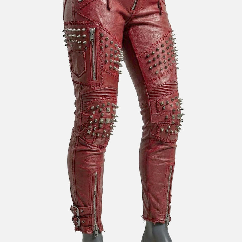 Premium red studded leather pants for women crafted from genuine leather with durable stitching