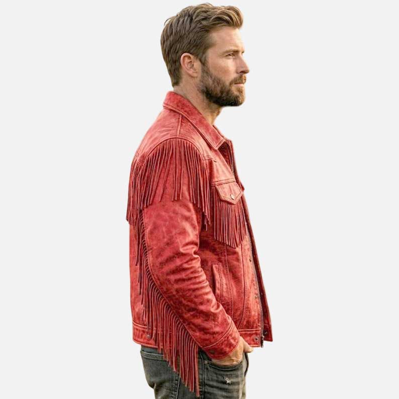 Premium red Western fringe leather coat by Glory Store US inspired by ranch and biker fashion