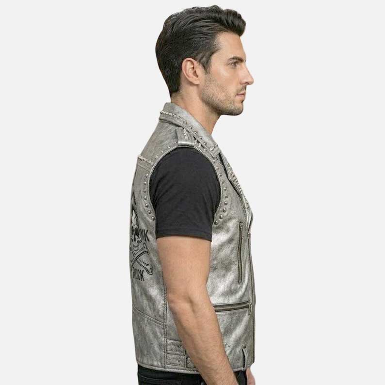 Premium silver leather riding vest by Glory Store US durable stitched construction