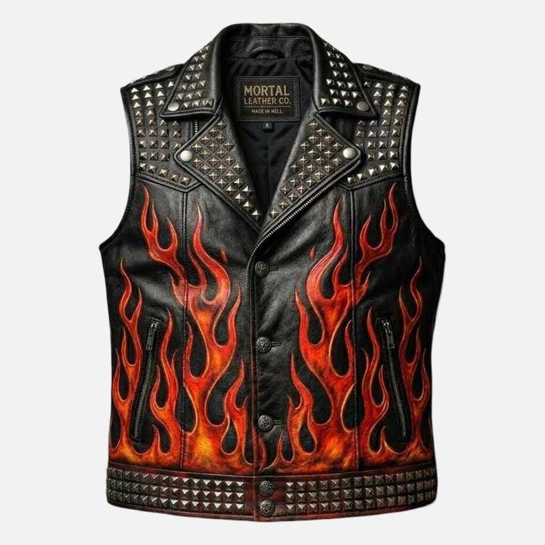 Premium studded black gothic leather vest by Glory Store US flame sublimation artwork