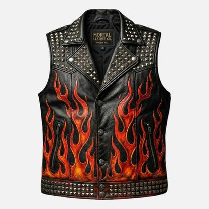 Premium studded black gothic leather vest by Glory Store US flame sublimation artwork