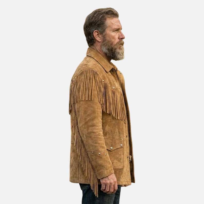 Premium tan suede fringe western jacket crafted from genuine suede leather with soft lining