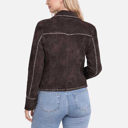 Premium Bella Heathcote Tulsa King studded suede leather jacket with zipper and belt closure
