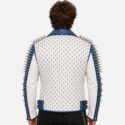 Premium white and blue studded leather jacket for men with punk biker inspired design
