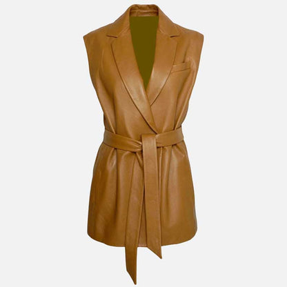 Premium women brown leather vest coat made from real lambskin by Glory Store US
