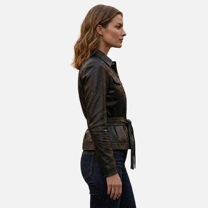 Premium women leather trucker coat with soft inner lining and tailored fit