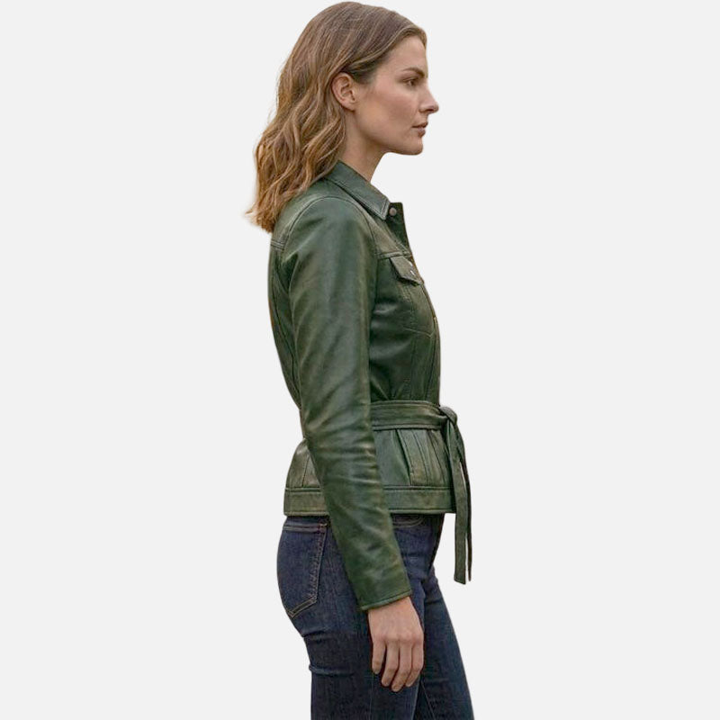 Premium womens green button up leather jacket with comfortable flattering fit by Glory Store US
