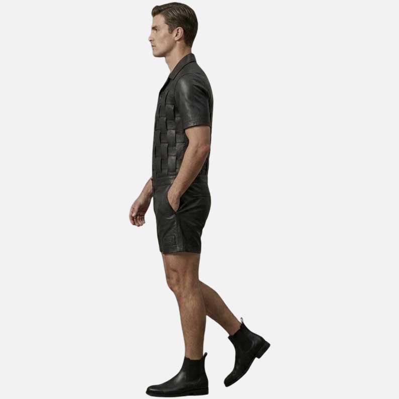Premium woven panel leather romper by Glory Store US handcrafted luxury streetwear outfit