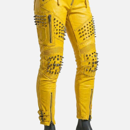 Premium yellow studded leather pants for women crafted from genuine leather with durable stitching
