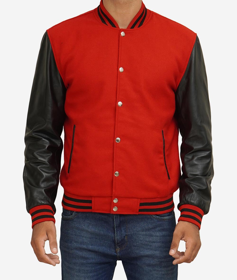 Men's Red Wool Varsity Jacket with Black Leather Sleeves - Baseball Style