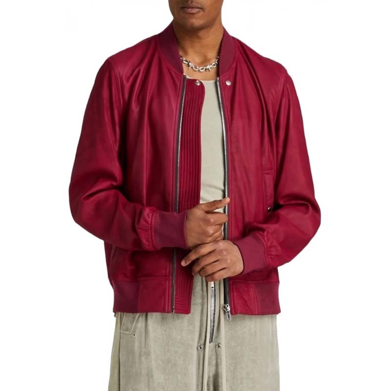 Men's Red Sheepskin Leather Bomber Jacket with Zip Front Statement Style