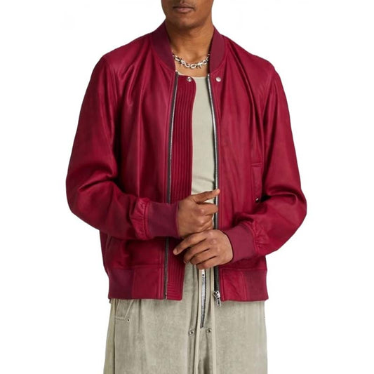 Men's Red Sheepskin Leather Bomber Jacket with Zip Front Statement Style