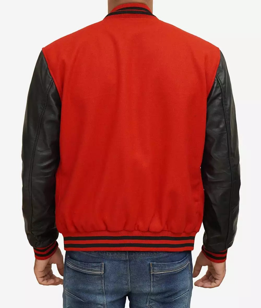 Men's Red Wool Varsity Jacket with Black Leather Sleeves - Baseball Style