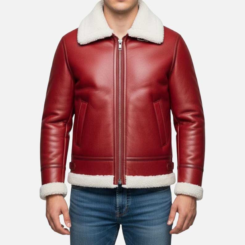 Mew red shearling leather bomber jacket with premium cowhide and warm shearling lining by Glory Store US