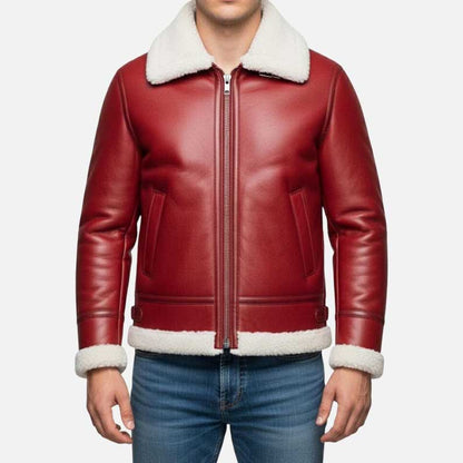 Mew red shearling leather bomber jacket with premium cowhide and warm shearling lining by Glory Store US