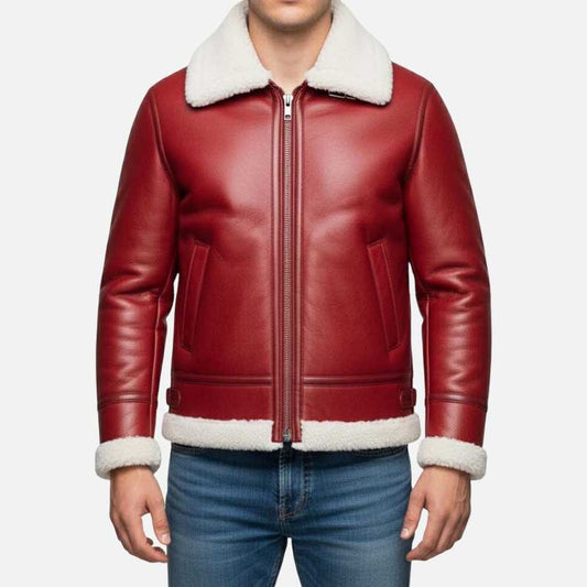 Mew red shearling leather bomber jacket with premium cowhide and warm shearling lining by Glory Store US