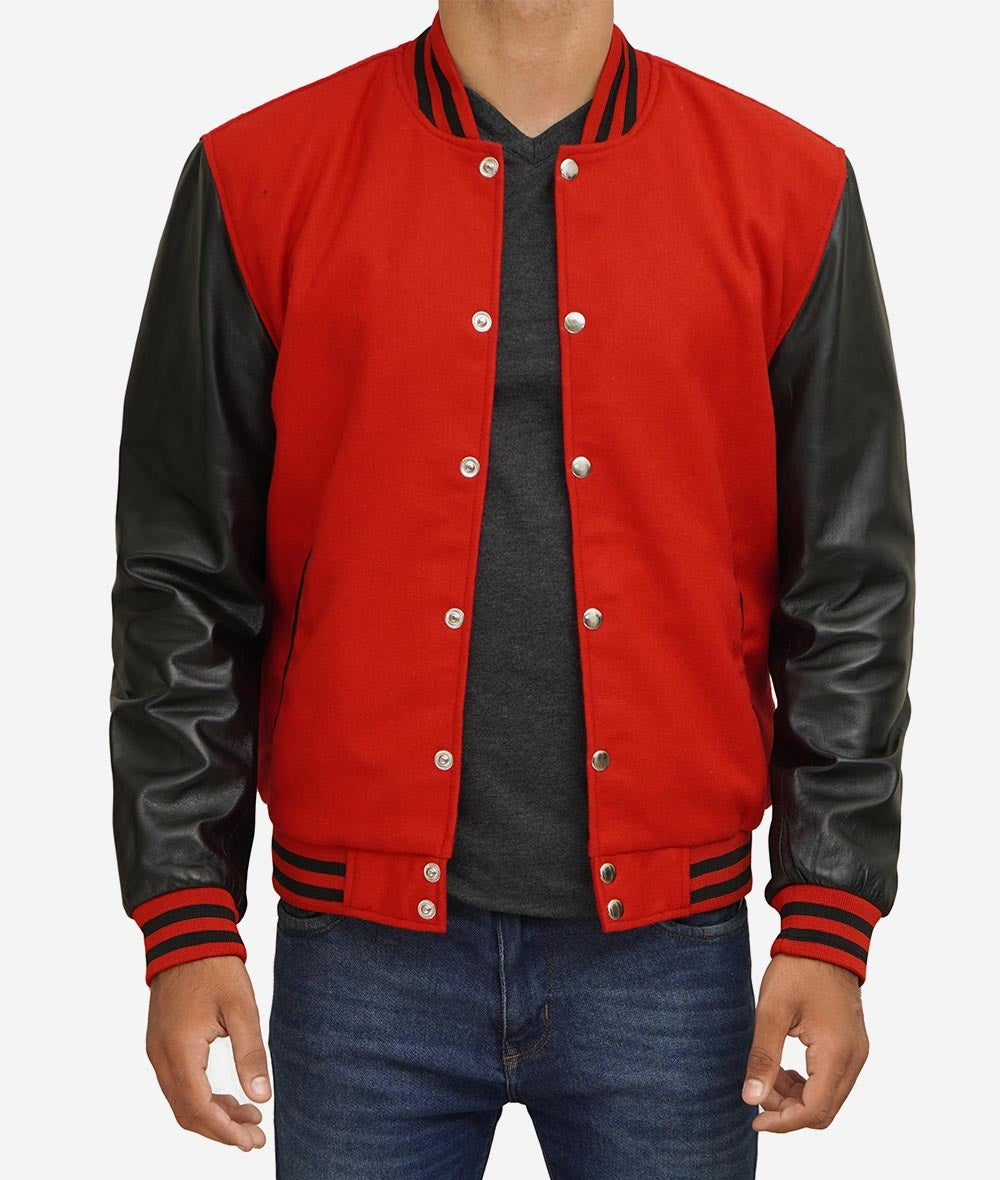 Men's Red Wool Varsity Jacket with Black Leather Sleeves - Baseball Style