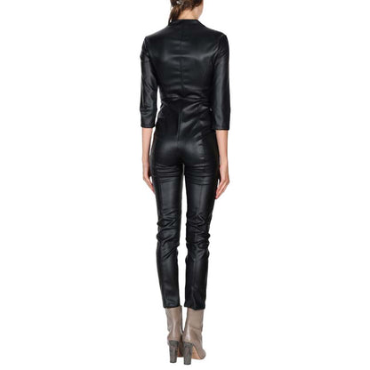 Women's Lambskin Leather Jumpsuit with V Neck Slim Fit Design